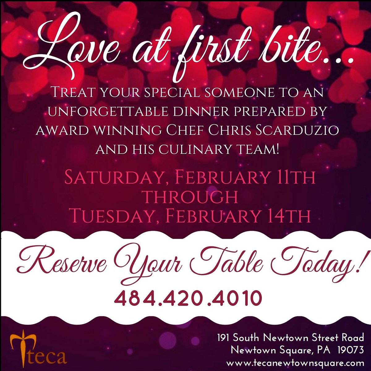 TecaNewtownSq's tweet photo. Book your table for The Feast of Saint Valentine! Treat your special someone to a romantic dinner! #valentines #mainlinedining #delcodining https://t.co/JM398At5hm