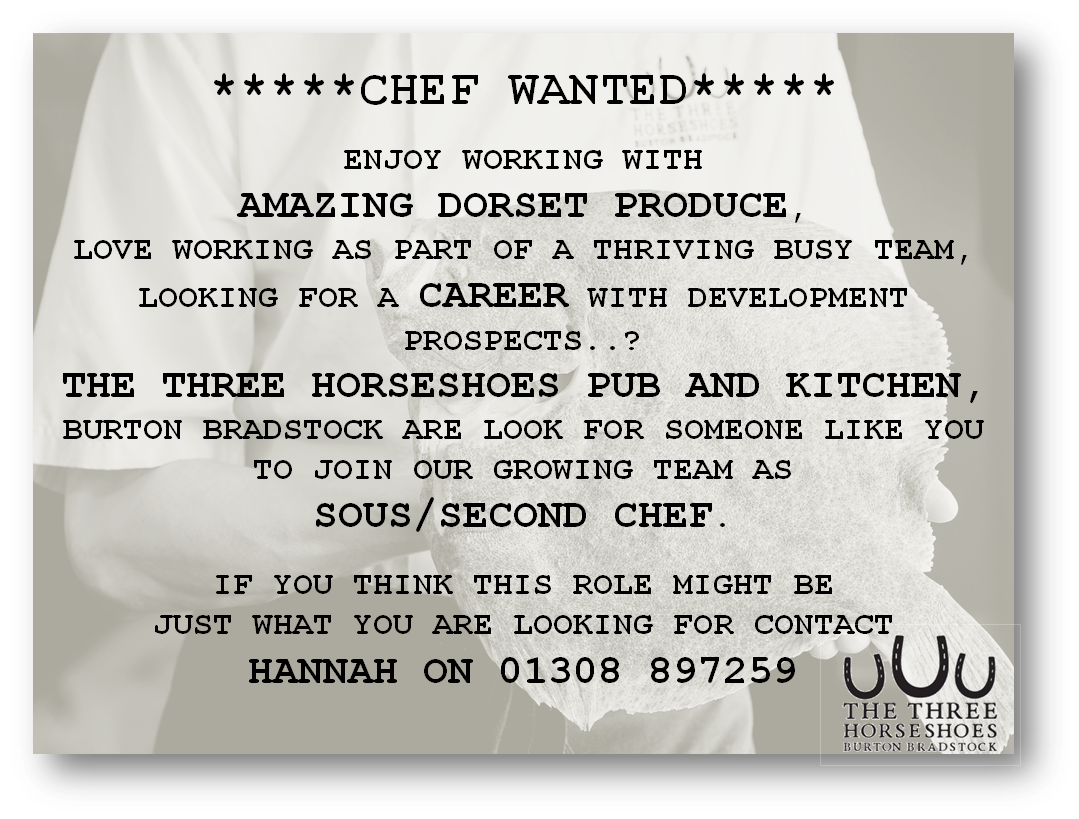 The_Horseshoes's tweet photo. Looking to make your next step up the cheffing ladder? We are #recruiting! @RecruitPalmers @palmersbrewery @DorsetFoodDrink pls RT :) https://t.co/hufJe6OZeN