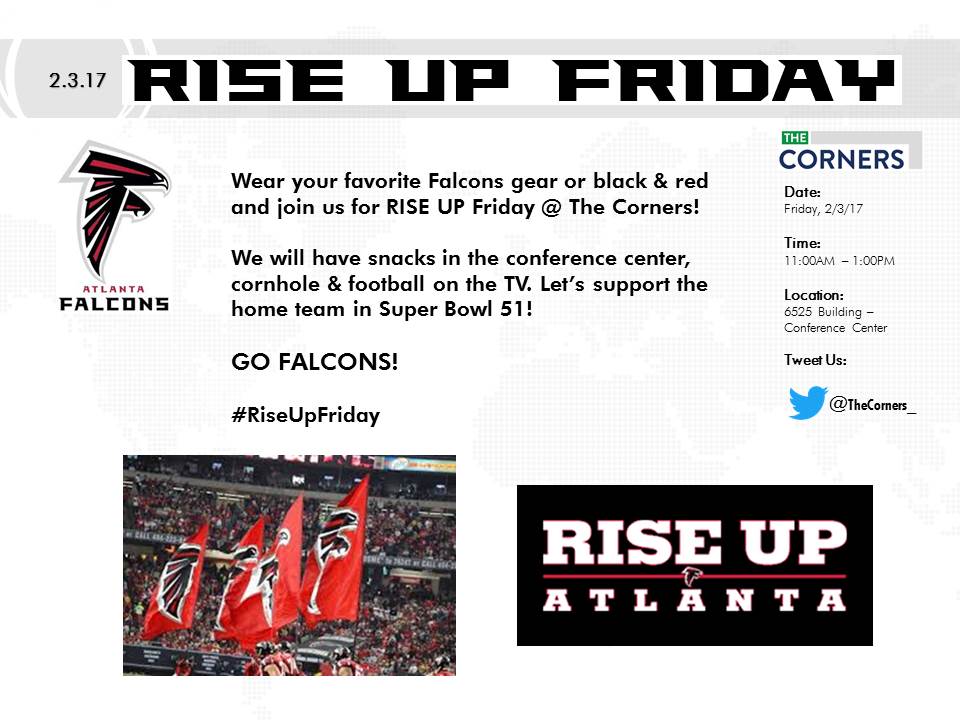 TheCorners_'s tweet photo. One more day until #RiseUp Friday @TheCorners_ GO FALCONS! #SuperBowl https://t.co/n9JNHCZ6Ru