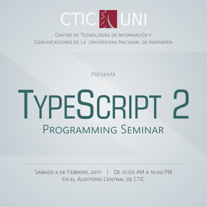CticUni's tweet image. #IngresoLibre 😃
Programming Seminar
#TypeScript2
Inicio: 4 de Febrero
Horario: 10:00 a 16:00
Lugar: Auditorio @CticUni