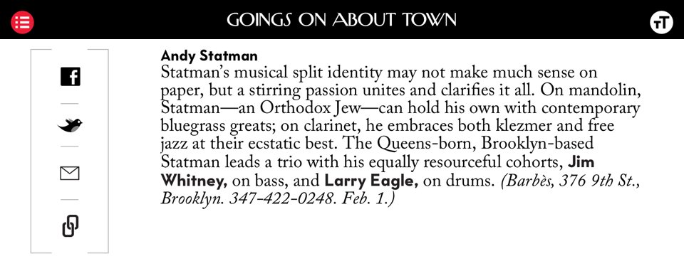 rcanipper's tweet photo. New #NewYorker mag: Andy Statman’s “stirring passion unites and clarifies” his “musical split identity” - 2nite, 8PM, 53 Charles St NYC https://t.co/lhH9gFbExq