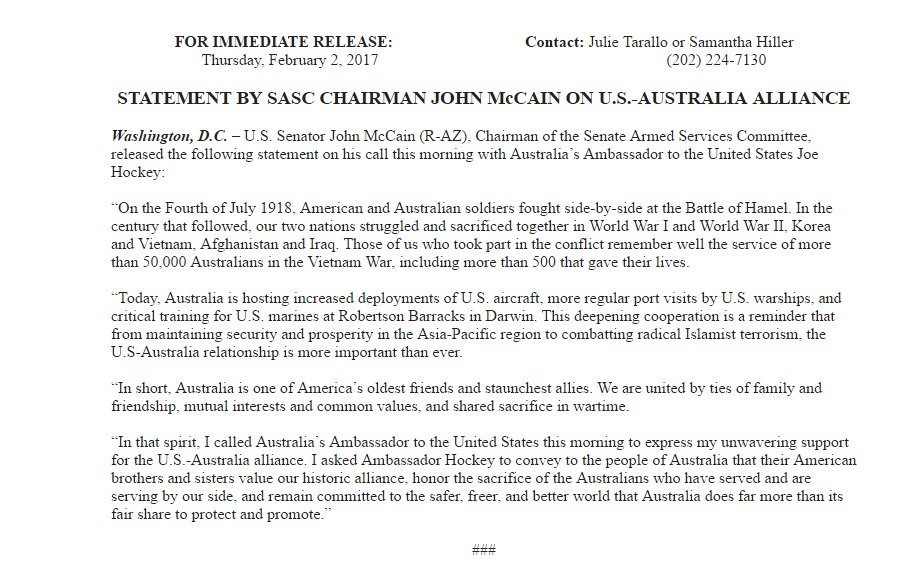 ABCPolitics's tweet image. NEW: Sen. John McCain calls Australia’s Ambassador to the US: I called "to express my unwavering support for the U.S.-Australia alliance."