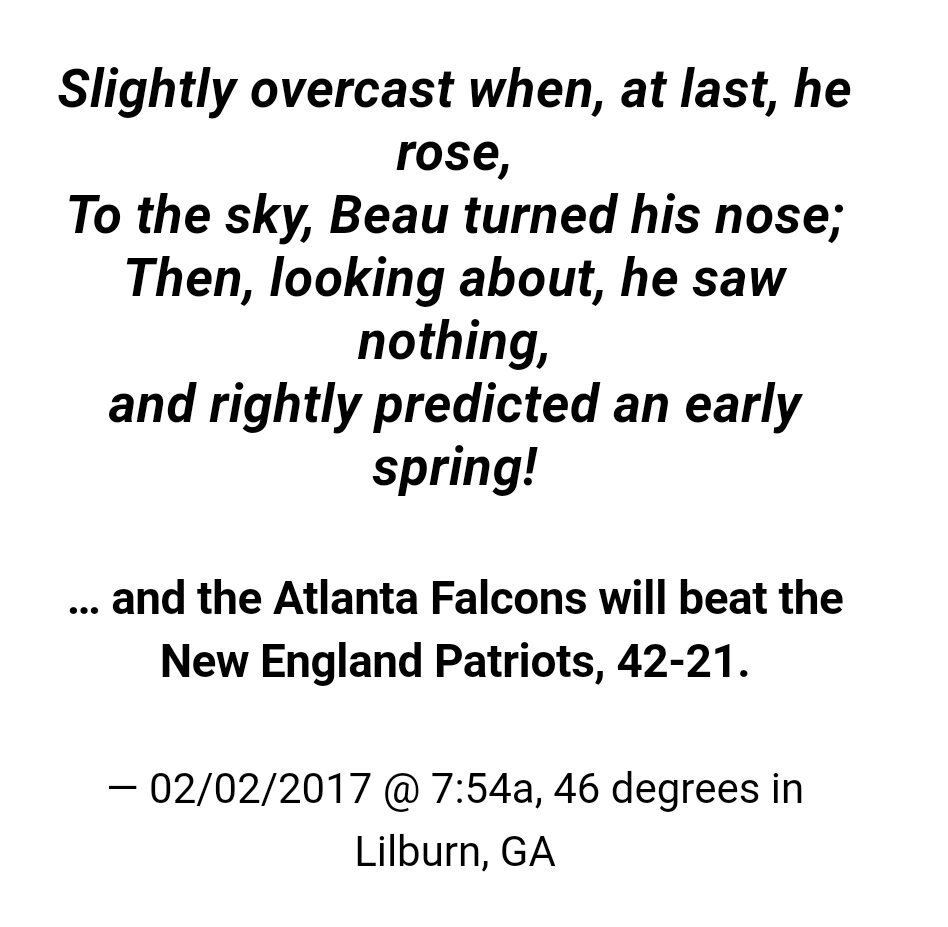 JacobLanierWx's tweet photo. General Lee, the Georgia #groundhog , predicts a Falcons win. This is one forecast I can agree with #RiseUp @GameRanch https://t.co/ULgxfypIFD