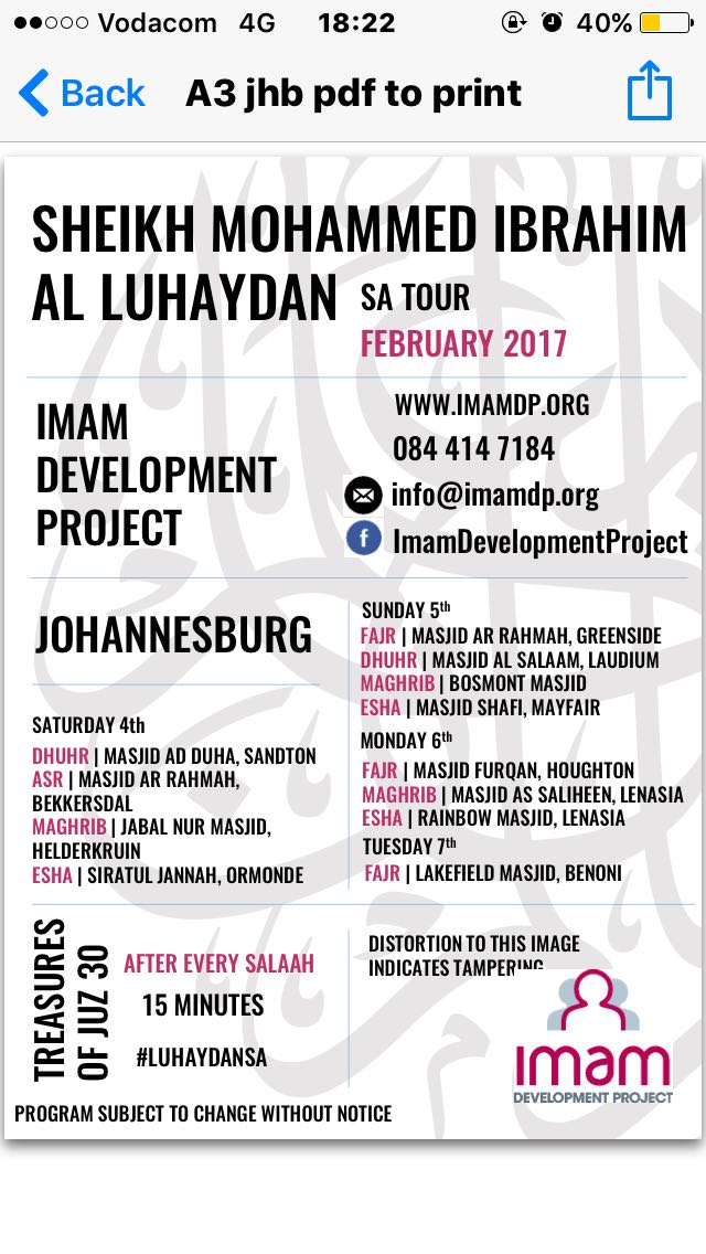 Sheikh Mohammed Ibrahim Al Luhayadan will be <a href="/BosmontMasjid/">Bosmont Masjid</a> Sunday 5 Feb Magrieb. In Sha Allah