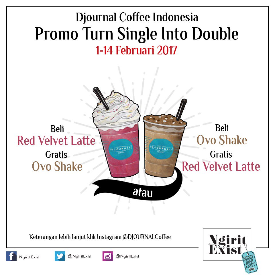 NgiritExist's tweet photo. Mesra sama pacar itu bukan segelas berdua, tapi minumannya dapet dua. Segera beli Red Velvet Latte atau Ovo Shake di @DJOURNALcoffee yuk. https://t.co/9t8kud0qF2