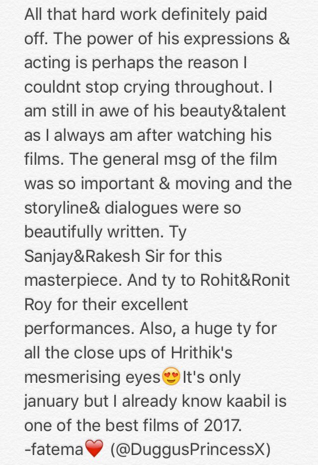 DuggusPrincessX's tweet photo. Kaabil= 10/10 ❤️ Here is my review. Hope you read it :) @iHrithik @yamigautam @_SanjayGupta @RakeshRoshan_N @rohitroy500 @RonitBoseRoy https://t.co/YiglOdNF6v