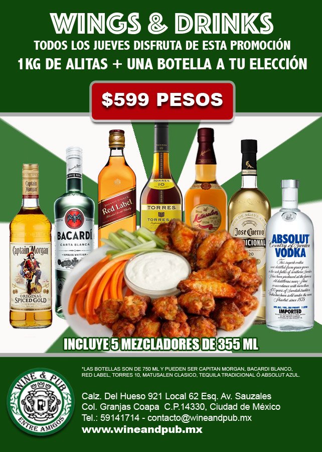 wineandpub's tweet photo. Hoy 1 Pomo + 1 KG de Alitas por $599 pesos https://t.co/PIDZMeySpC
