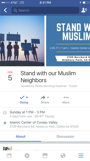 KyleBJorrey's tweet photo. Locals have organized a Stand With Our Muslim Neighbors event this Sunday at the Newbury Park Islamic Center https://t.co/QpbRbEFWj2 https://t.co/CRuoS9YtaU