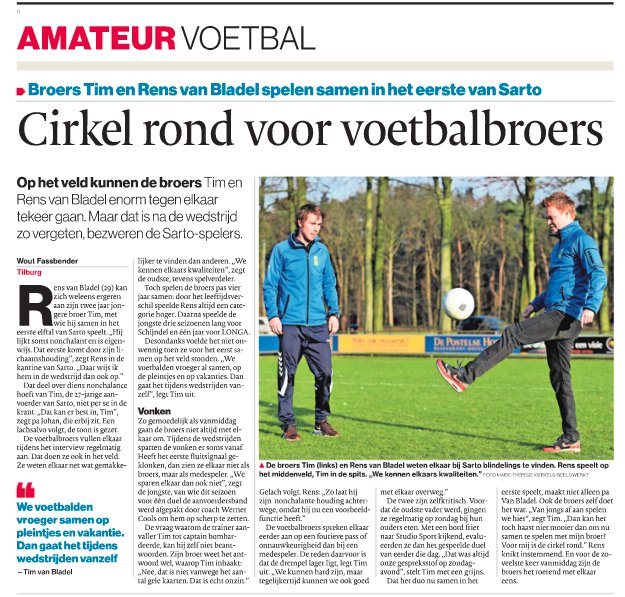 Vandaag in #BD: #interview met voetbalbroers Tim en Rens van Bladel, 'kinderen' van <a href="/RKSVSarto/">RKSV Sarto</a>, over het samenspelen in het eerste #zon2E