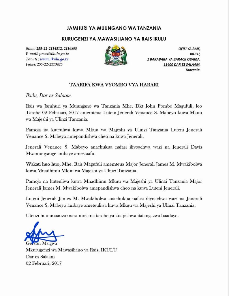 Rais Magufuli afanya uteuzi wa Mkuu wa Majeshi I President Magufuli appoints new Chief of Defense Forces (CDF).