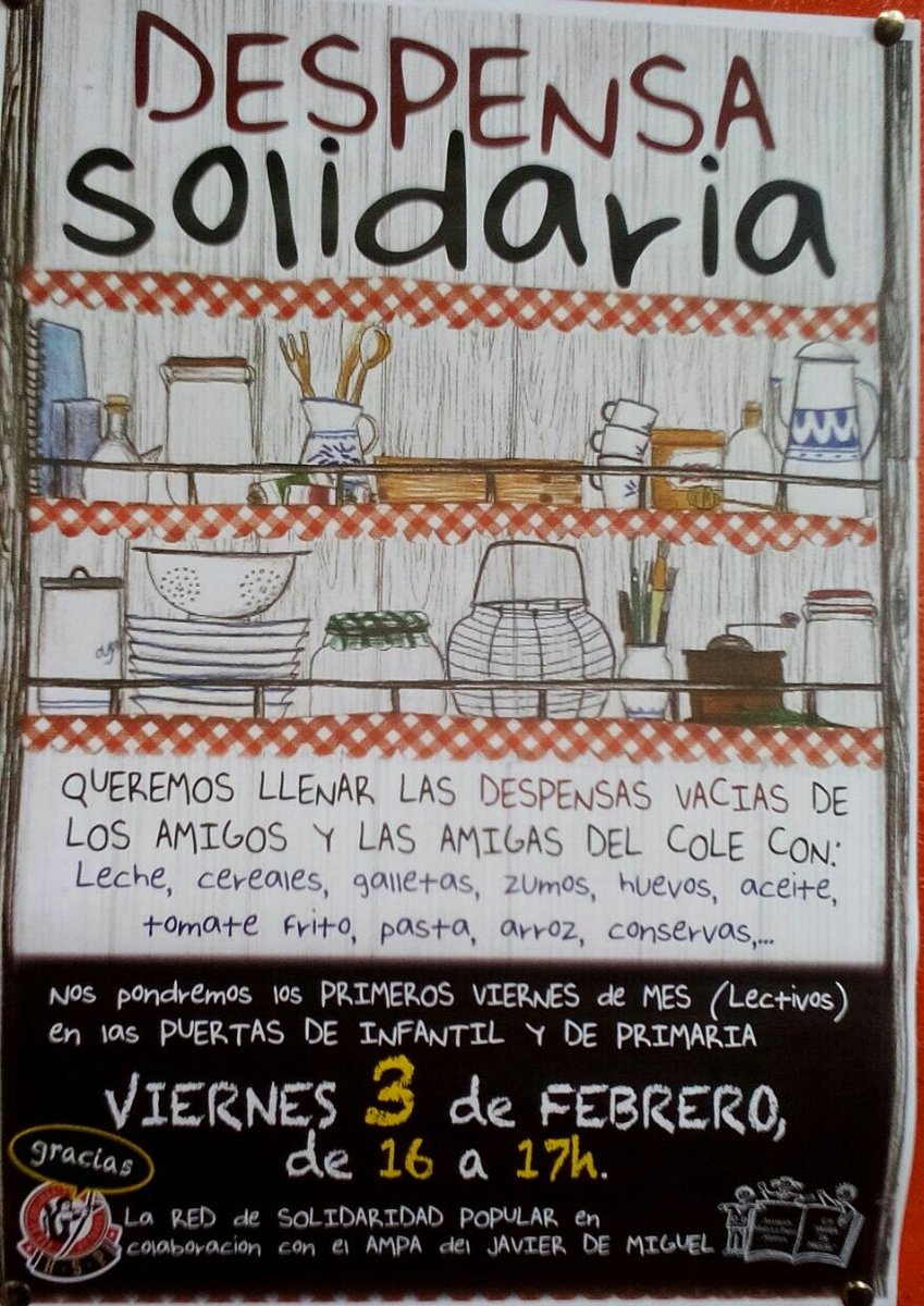 RspVallekas's tweet photo. Porque queremos llenar las despensas vacías de las amigas del CEIP Javier de Miguel...El AMPA del cole y la @RedSolidaridad colaboran 💪✌✊ https://t.co/MvNFf1NL4h