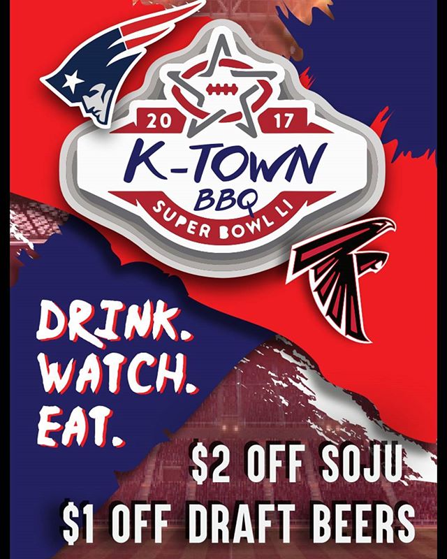 ktownbbq's tweet photo. Squad up this Sunday for the Super Bowl!! Game starts at 3:30 on our big screens, but drink deals are ALL DAY!! https://t.co/jjp5VIfSo7
