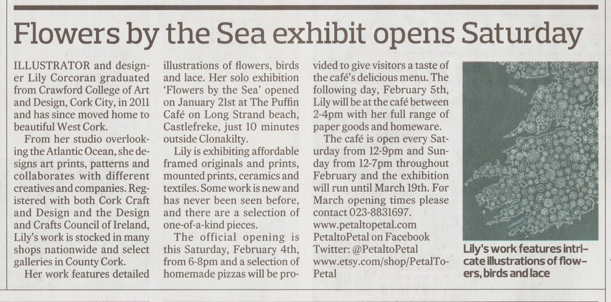 PetaltoPetal's tweet photo. In today's @SouthernStarIRL, thanks to @NiallODrisc_SS for including it. Only 2 days until the opening now! #westcorkexhibition #puffincafe https://t.co/h4aM1n77ww