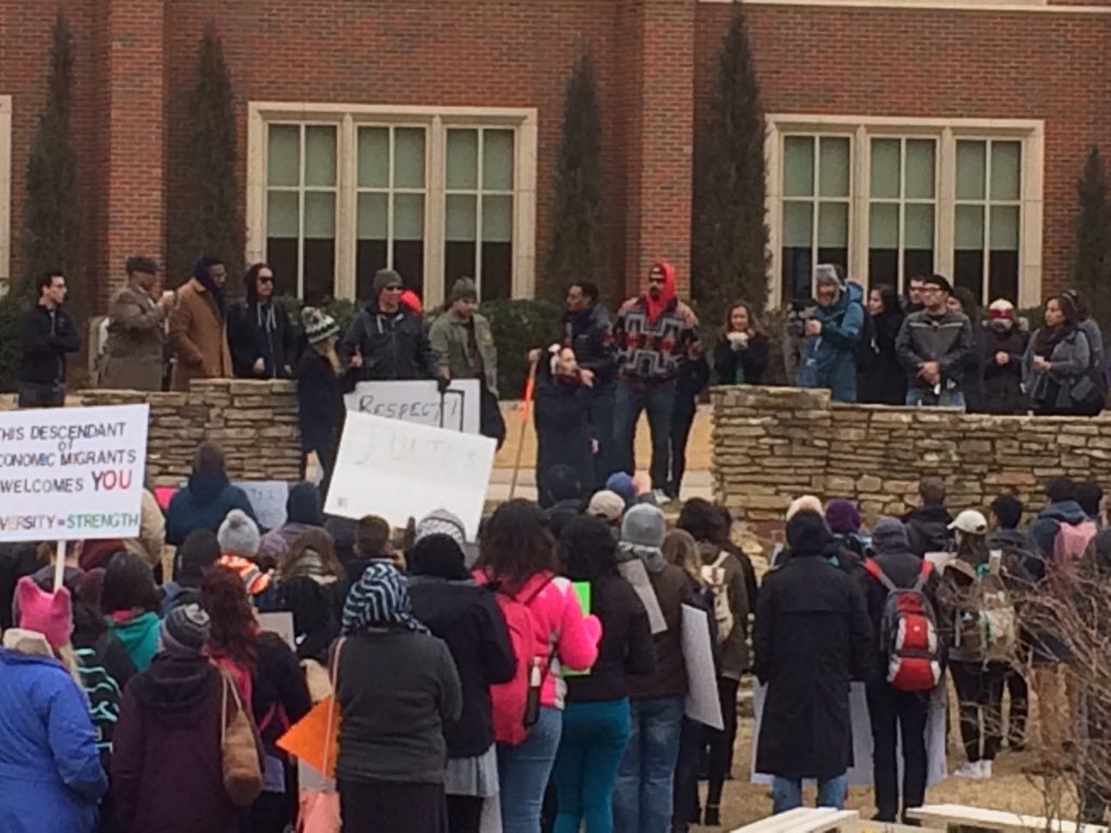 AccessOU's tweet photo. VP Shumate and Mr. D'Andre Fisher listening at NoBanNoWall Solidarity March #OUcommunity #wehearyOU #OUselfcare @js4senate https://t.co/KPMB1kkq33