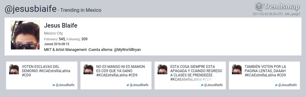 TrendsMexico's tweet photo. Jesus Blaife, @jesusbiaife es ahora una tendencia en Mexico

https://t.co/2nhXBZohdu https://t.co/mYnlHjPBCC