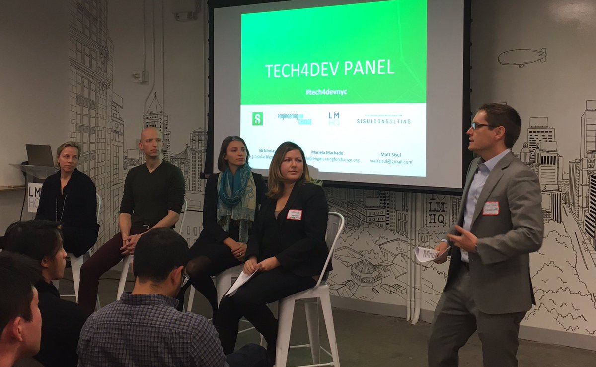 Kicking off the #tech4devnyc panel with a talented group of speakers <a href="/LibraryForAll/">Library For All</a> <a href="/theIRC/">IRC</a> <a href="/ColumbiaSIPA/">Columbia | SIPA</a> &amp; our own <a href="/Marielavzla/">Mariela</a> moderating