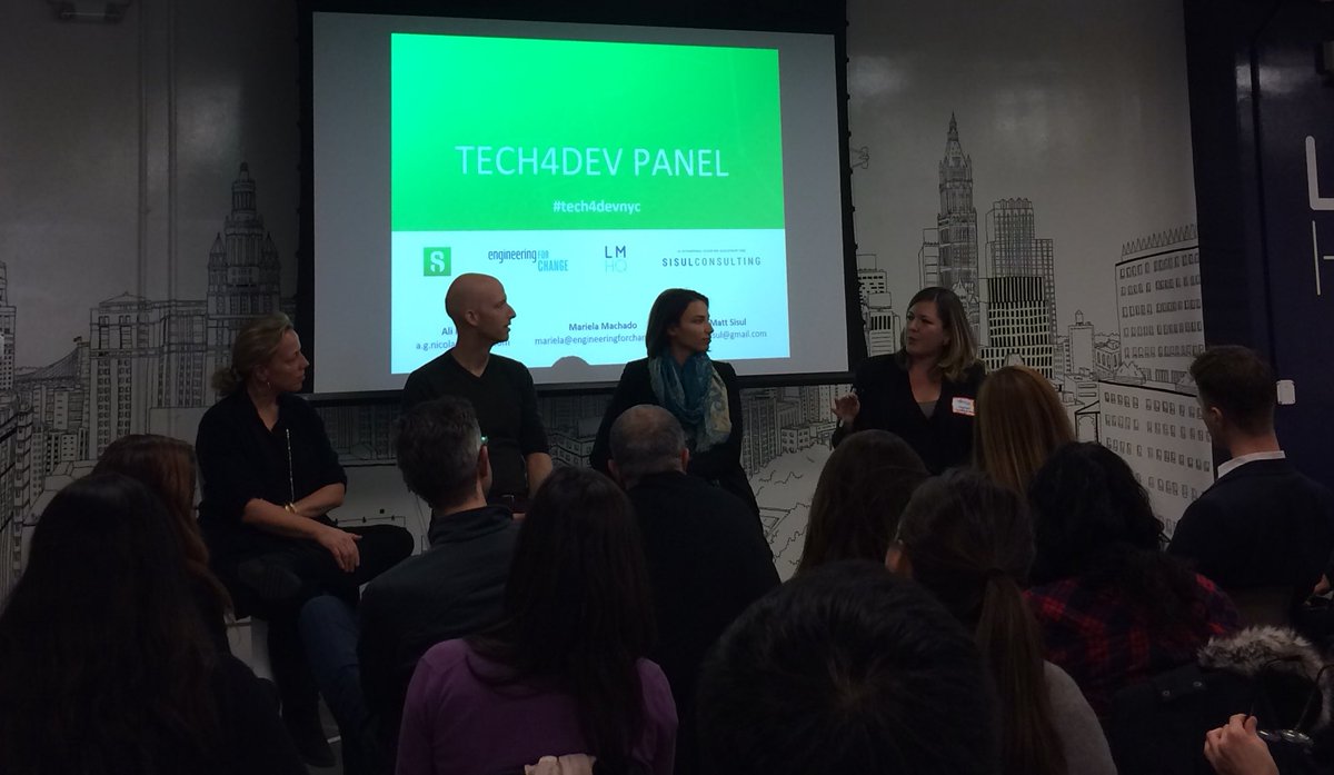 Great #tech4devnyc panel about connecting technology to the development sector. Also first tech meetup I've seen with this gender ratio! 🙌