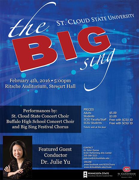 stcloudstate's tweet photo. Our @SCSUChoirs hosting #BigSing 5pm Feb. 4 in Ritsche Auditorium. Hear the best in high school and university choral music. #SingYourSong https://t.co/XMbc7ulgV7