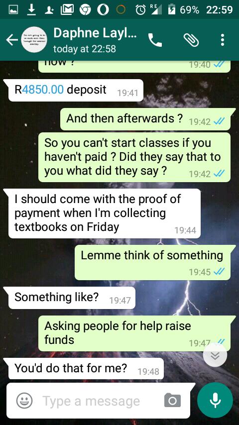 Blaqk_X's tweet photo. Guys I know this is last minute but I need the TL's help raising about R5000 for my friends fees by tomorrow 🙏🙏🙏

RT FOR Awareness!!! https://t.co/wDCKgeYvzV