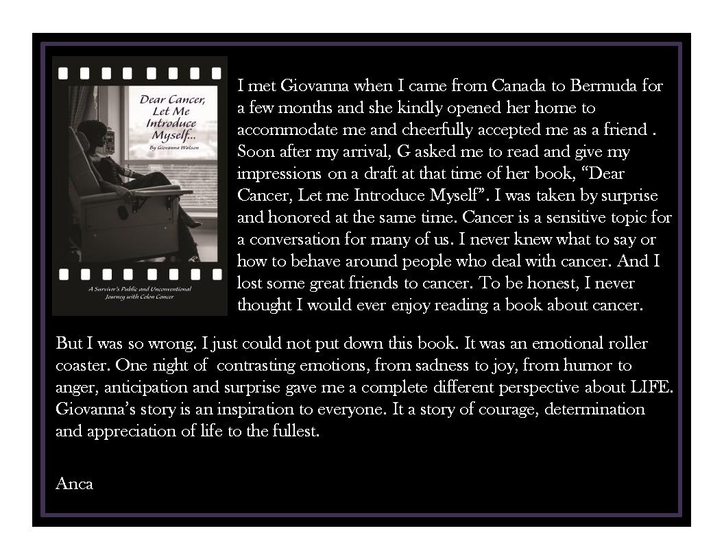giowatson_6's tweet photo. #DearCancerLetMeIntroduceMyself testimonial. Thx so much 4 sharing ur thoughts Anca. Hugs. https://t.co/e3ORtcHsDK
