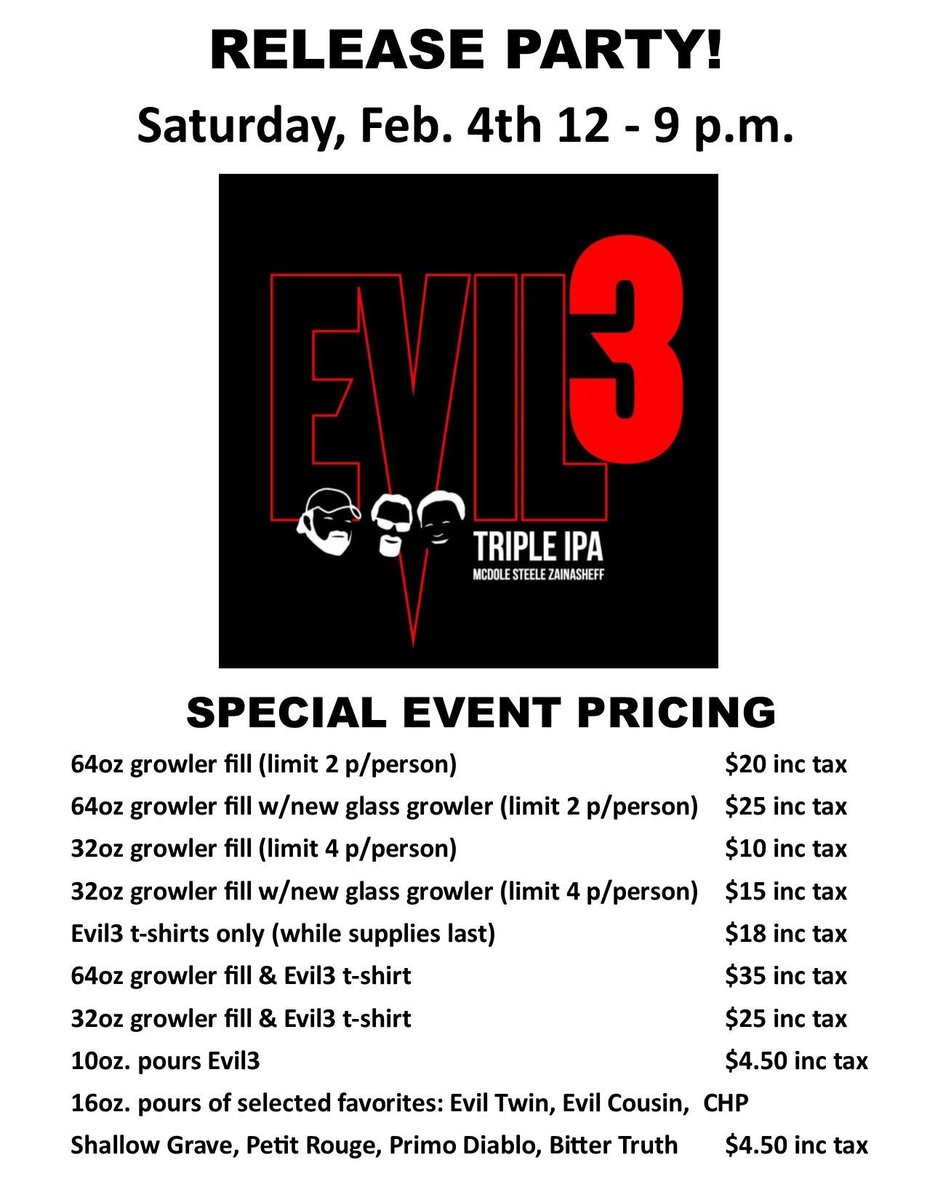 Join <a href="/HereticBrew/">Heretic Brewery & Distillery</a> for the #Evil3 Triple IPA Release Party Sat Feb. 4, growler fills from fermenter 12-4pm (taps 4-9pm) &amp; special pricing!