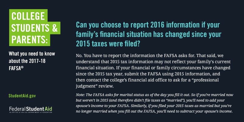 FAFSA's tweet photo. Need money for college? The 2017–18 FAFSA is available *right now*—but some things have changed. Read on. https://t.co/EiW3YJciqm