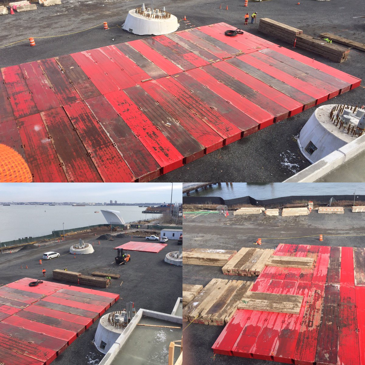 TheNewYorkWheel's tweet photo. Red mats installed on our site to gear up for next week’s arrival of the 643 ft crane that will build the wheel! #onebigwheel #statenisland https://t.co/nxjkgL5PnQ