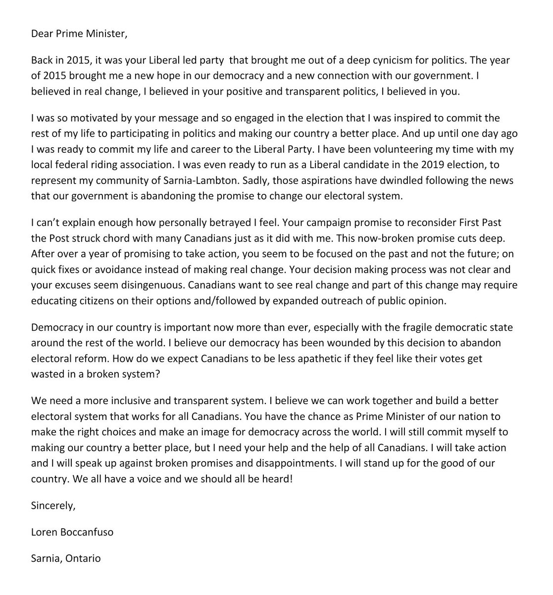 LorenBoco's tweet photo. @ElizabethMay @leadnowca @FairVoteCanada you've inspired me to mobilize and write my own letter! Hope all other concerned citizens will too https://t.co/eTMCy0bXHX
