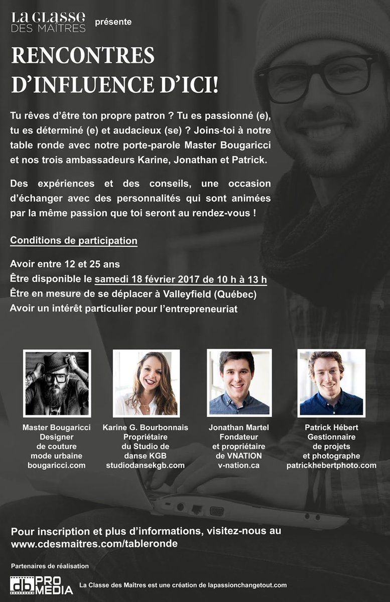 cdesmaitres's tweet photo. Tu rêves être ton propre patron ? Joins-toi toi à notre table ronde avec @bougaricci, Karine, Jonathan @VNationGear et Patrick @HebertPat . https://t.co/9f4GVRE7Uc