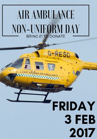 wymcolPC's tweet photo. Bring £1 for NON-UNIFORM day tomorrow to support our East Anglian Air Ambulance Service :) https://t.co/QTOU4tLw8E