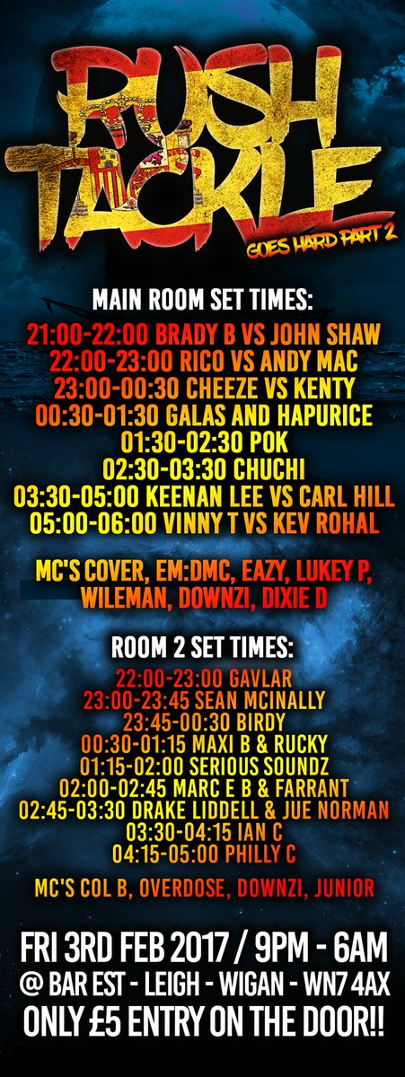 SET TIMES FOR RUSH TACKLE!!