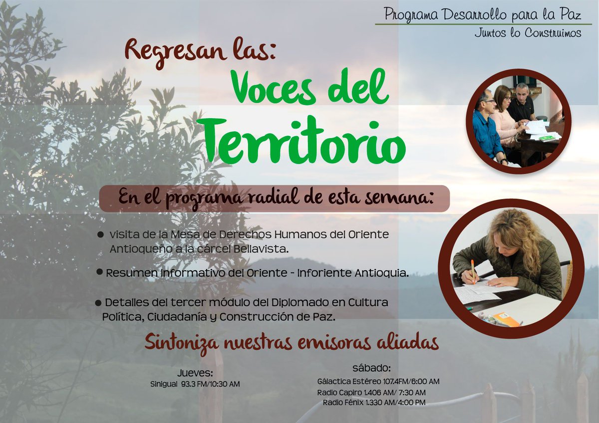 Regresan las #VocesdelTerritorio, programa radial. 
Te invitamos a sintonizar nuestras emisoras aliadas en el #OrienteAntioqueño.