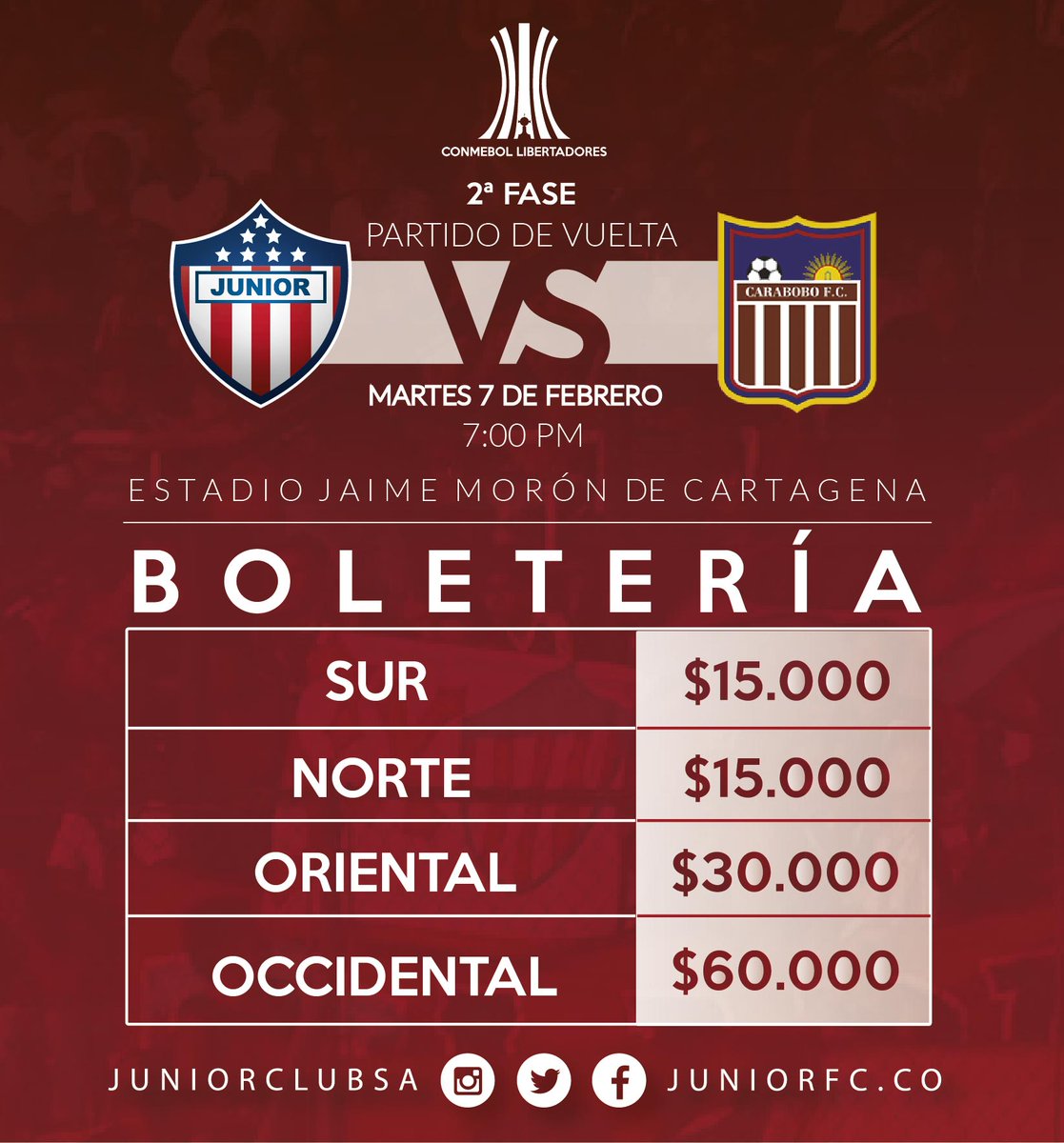 JuniorClubSA's tweet photo. DEFINIDA BOLETERÍA PARA EL PARTIDO JUNIOR vs. CARABOBO FC https://t.co/sFlF986F9q https://t.co/PeRPsScEvB