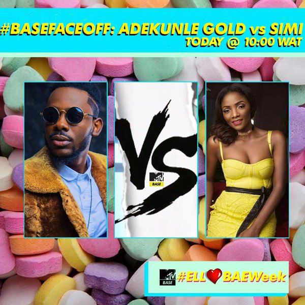 atmuzikafrica's tweet photo. #ElloBAEWeek | Tune in for that battle between King @adekunleGOLD vs Queen @SympLySimi at 10:00 #BaseFaceOff π₯π₯ https://t.co/TvMQo30Dmt