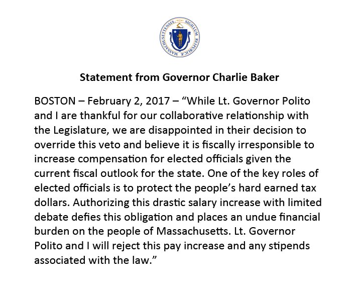 MAGovArchive's tweet photo. My statement in response to the Legislature’s vote to override my veto of the legislative pay increase: https://t.co/qjDfqoYzH9