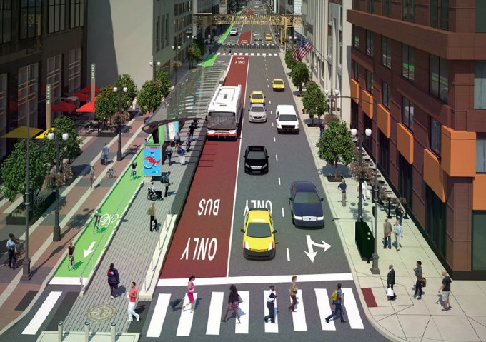 transitmatters's tweet photo. While we're talking about 'floating bus stops', @ChicagoDOT & @CTA worked together, took 2 lanes, created the #LoopLink bus corridors dntwn https://t.co/ESThJDe3z4