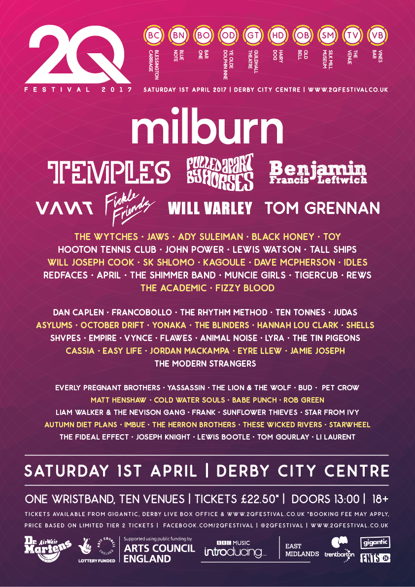 2QDerby's tweet photo. #2Q2017 ANNOUNCEMENT
@BenLeftwich @WillVarleyMusic @ficklefriends @TheWytches @AdySuleiman @thebandtoy &amp; MORE!

🎫 https://t.co/MILBHjJyxn https://t.co/9hBMMuXtNO