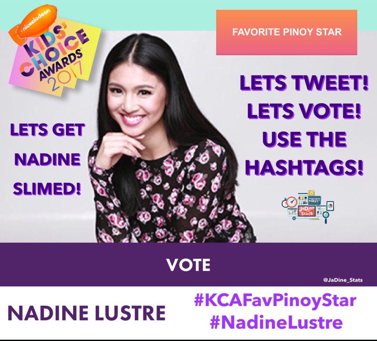 JaDine_Stats's tweet photo. LETS GET NADINE SLIMED! (:
LETS TWEET! #KCAFavPinoyStar #NadineLustre 
LETS VOTE! https://t.co/FXVDvcSrRq https://t.co/TuE6trExae