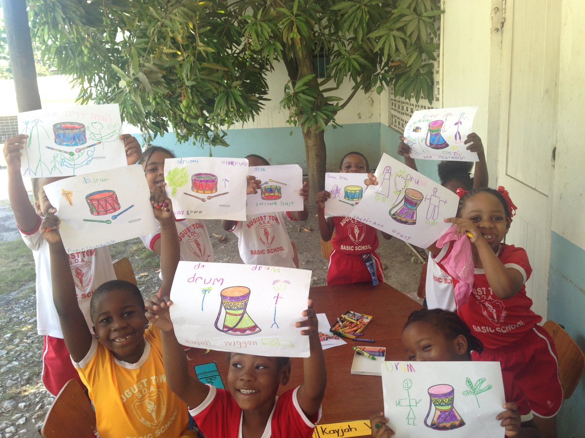 nadirox's tweet photo. Students from the August Town SDA Basic School show off their art based on the book 'Max found 2 sticks' @KiwanisNewKgn  @GillianRiley2 https://t.co/rK8uoDlwiq