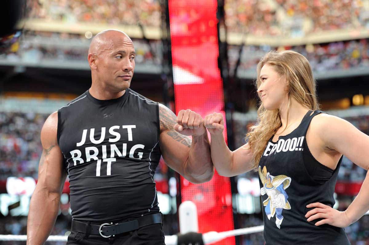 ArmbarNation's tweet photo. #TBT - @RondaRousey & @TheRock at Wrestle Mania 31. #ArmbarNation #WWE #RouseyEffect https://t.co/ZNk0w24ZOz