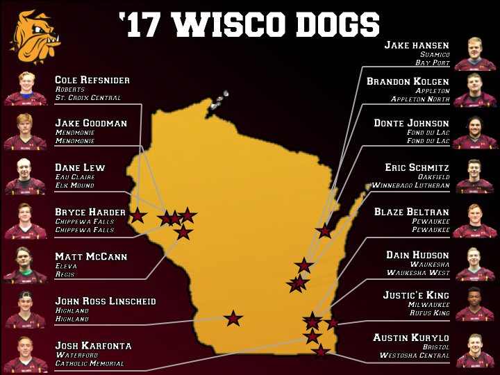 UMD_Football's tweet photo. The Bulldog Family is excited to add these 15 #WiscoDogs to Duluth. #UMDNSD17 https://t.co/MRCNIhpZUZ