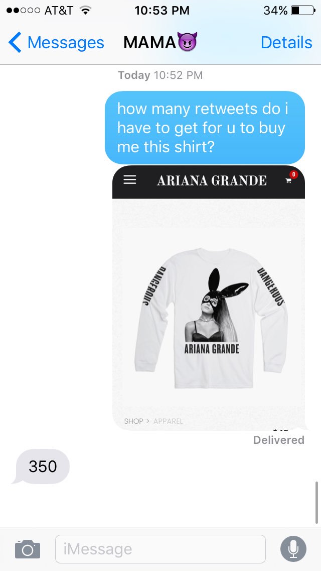 buteraacutie's tweet photo. OMG MY MOM SAID SHE WILL BUY ME THE ARIANA SHIRT I WANT IF I GET 350 RTS! PLS RETWEET AND HELP ME (I WILL SPAM EVERYONE) 😭💜 https://t.co/m0KcKUWHve
