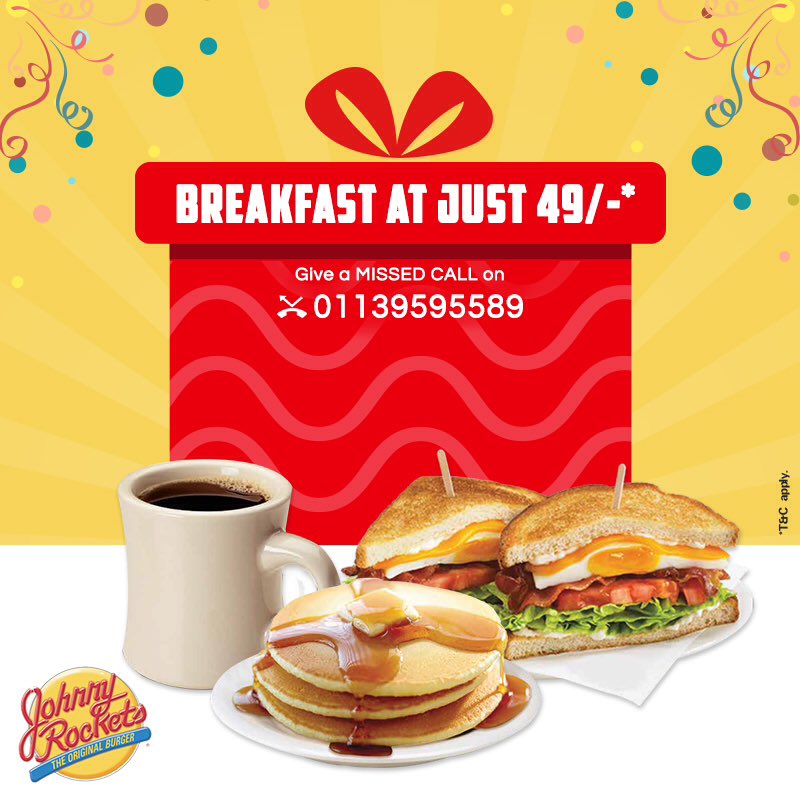 JohnnyRocketsIn's tweet photo. Give a missed call-01139595589.1st 500 calls get breakfast @Rs 49!Till Feb 24, '17 @JohnnyRocketsIn @MConnaughtplace. #WakeUpToAwesome. *T&amp;C https://t.co/xmsw8dO5rA