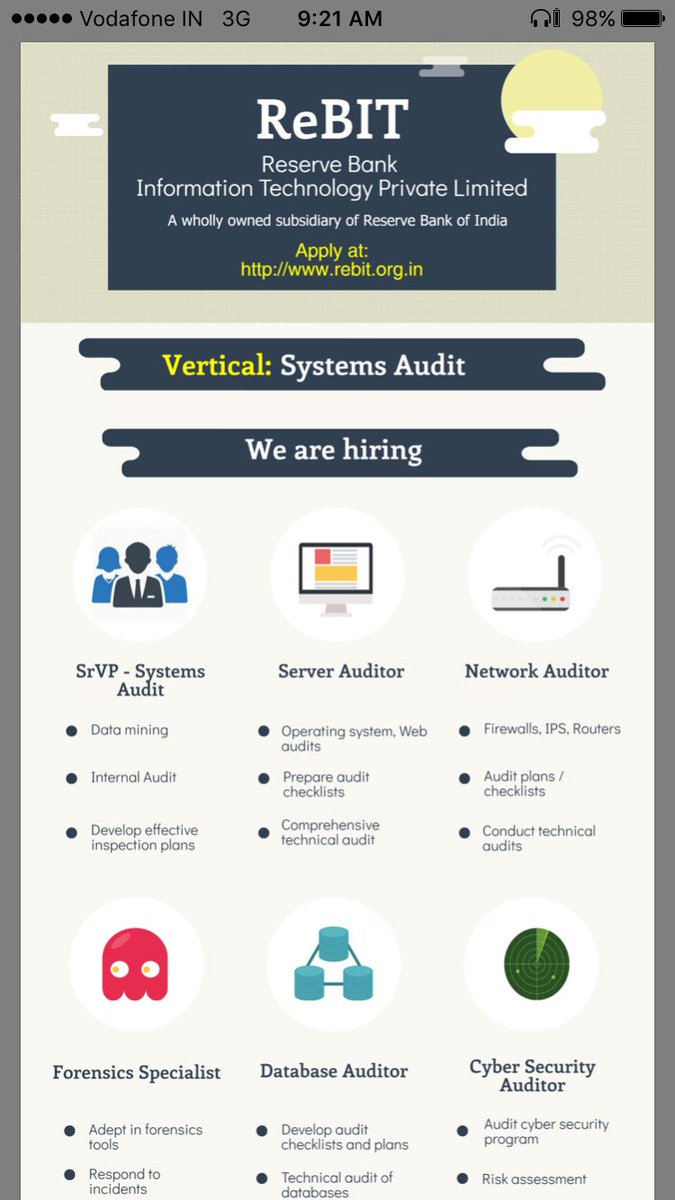 ReserveBankIT's tweet photo. ReBIT roles in #SystemsAudit vertical for #TechnicalAudit professionals with #bigdata and #forensics skills. #JobOp https://t.co/e9TYCVOkvD