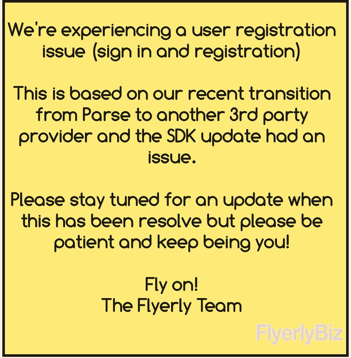 Lowkul's tweet image. ***2/2/17- Flyerly is experiencing login/register issue due to 3rd party. Engineers @riksof on it. Apologize for inconven. #parsemigration