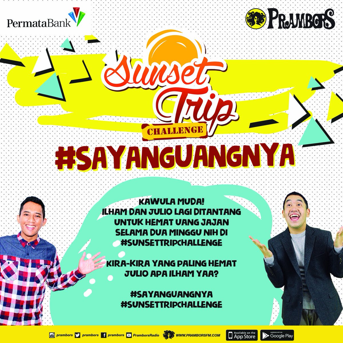 Prambors's tweet photo. Ilham & Julio lg ditantang untuk #SayangUangnya di #SunsetTripChallenge lho! Hmm siapa ya yg paling hemat? https://t.co/5NZybi1whl