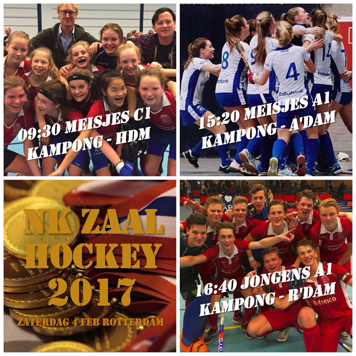 Zaterdag Grote Finaledag Zaalhockey 2017 met oa <a href="/KampongMC1/">KampongMC1</a> <a href="/kampongma1/">Kampong MA1</a> en <a href="/kampongja1/">Kampong JA1</a> Veel succes in R'dam! #forzakampong 💙💪🔥<a href="/BWA_Kampong/">Blue White Army</a>