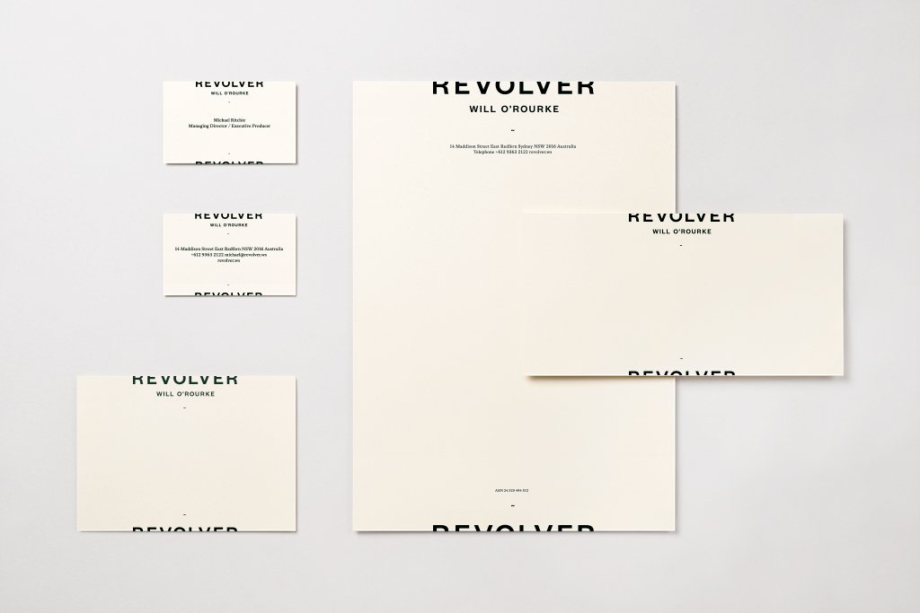 REVOLVER, film production company, 'film credit roll' brand identity concept in print.