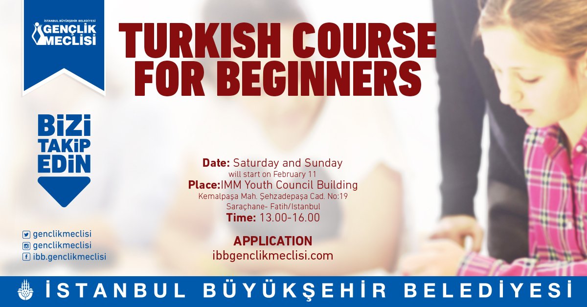 Turkish Course For Beginners / Yabancı Öğrenciler İçin Türkçe Eğitimi 11 Şubat Cumartesi günü başlıyor.
#İBB #Gençlik #TürkçeEğitimi
