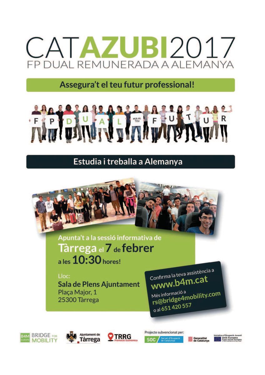 ajtarrega's tweet photo. Més propostes per gent jove a l'atur: Dimarts 7 de febrer, sessió informativa a #Tàrrega per cursar FP dual remunerada a #Alemanya #Catazubi https://t.co/z15cn0B44G